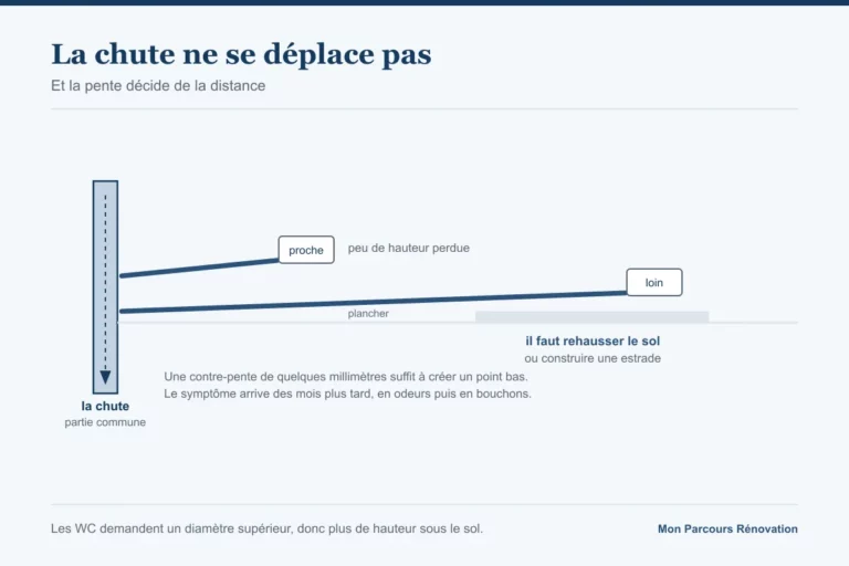 Coupe montrant la chute verticale et deux évacuations, l'une courte et l'autre longue qui oblige à rehausser le sol