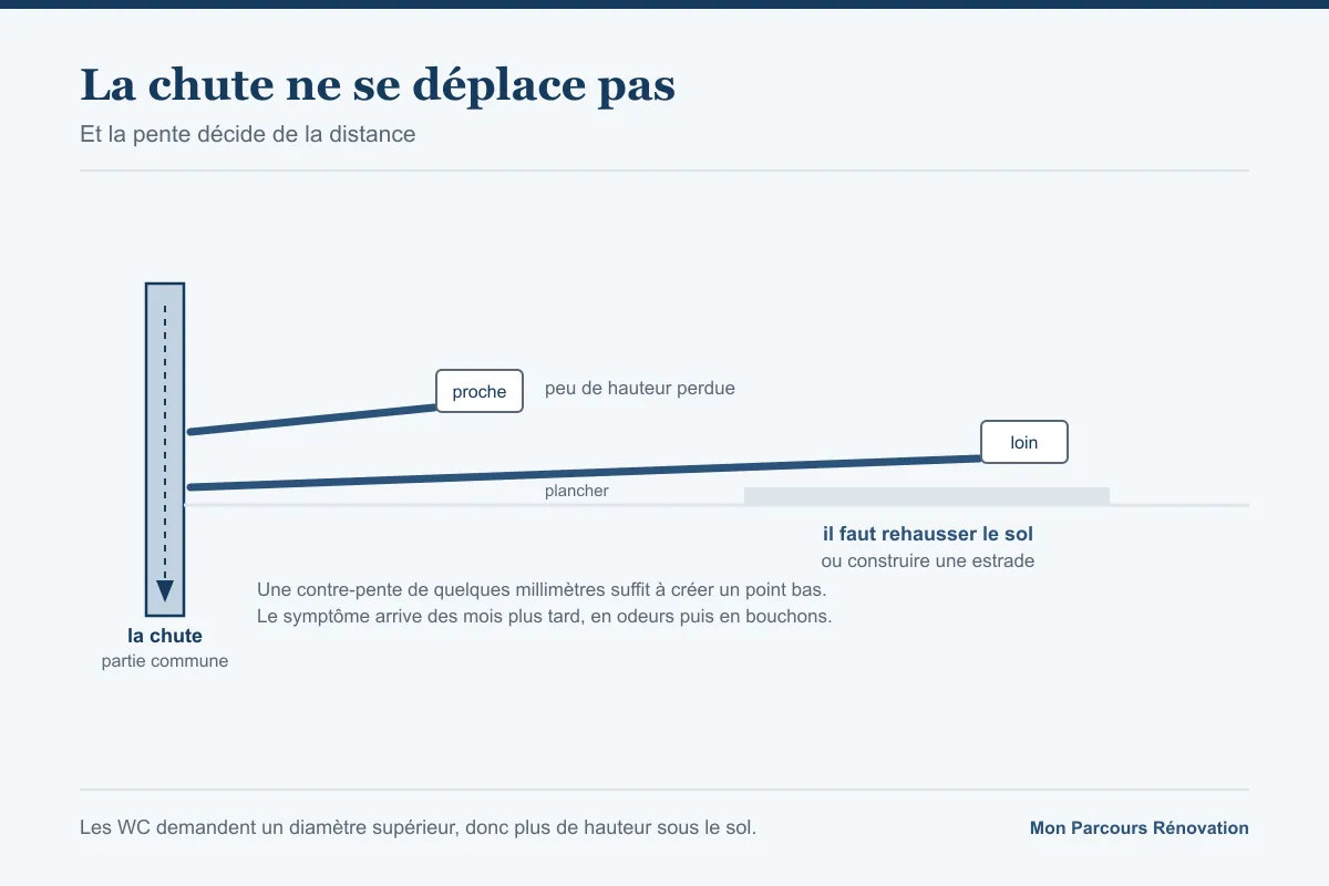 Coupe montrant la chute verticale et deux évacuations, l'une courte et l'autre longue qui oblige à rehausser le sol