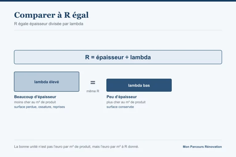 La formule R égale épaisseur divisée par lambda, et deux isolants d'épaisseurs différentes atteignant le même R