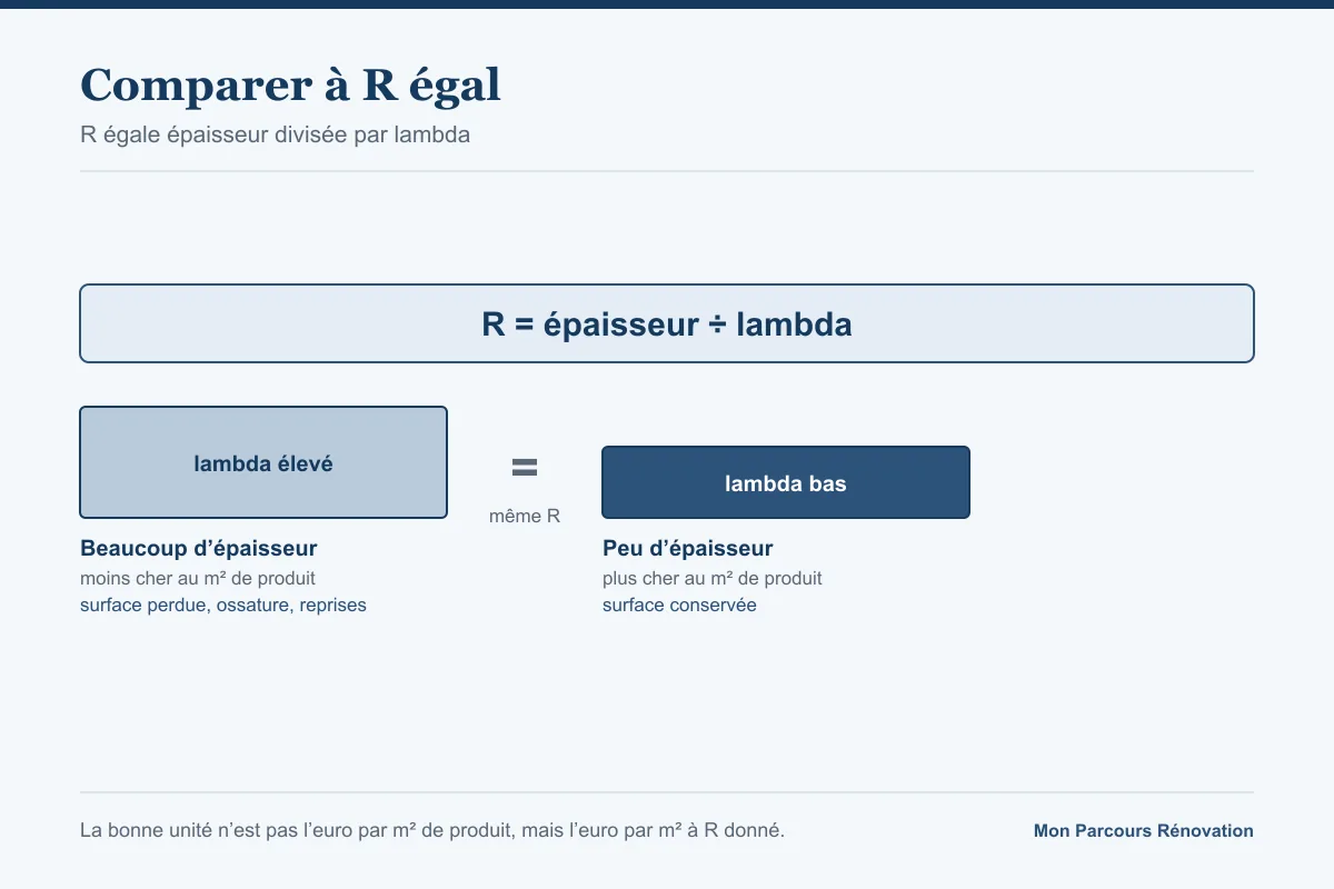 La formule R égale épaisseur divisée par lambda, et deux isolants d'épaisseurs différentes atteignant le même R