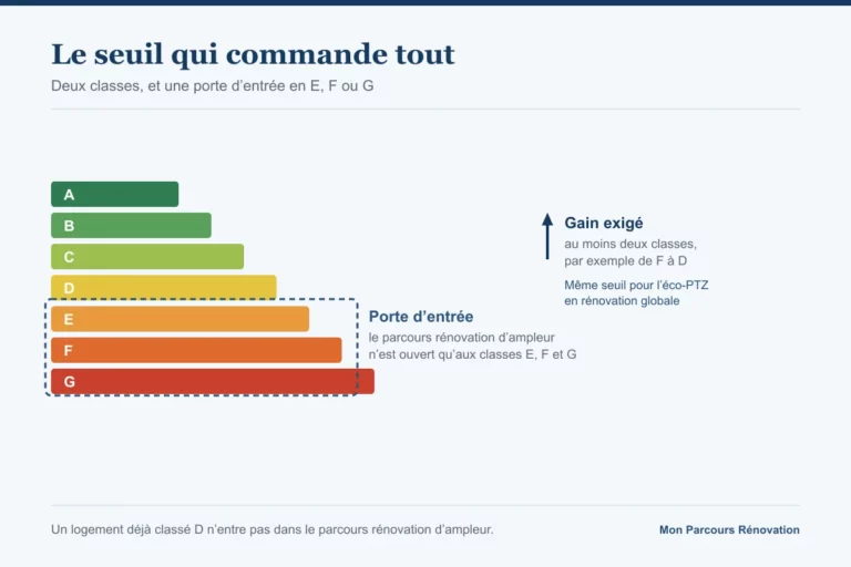 Échelle DPE de A à G, les classes E, F et G encadrées comme porte d'entrée, et une flèche figurant le gain de deux classes