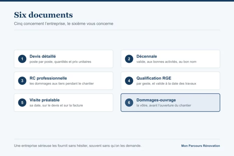 Six documents numérotés, cinq concernant l'entreprise et le sixième, la dommages-ouvrage, mis en évidence